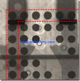 BGA錫球尺寸小于0.4mm，采用降低BGA內(nèi)圍襲球的錫膏量所得到X-Ray，稍微留意一下可以發(fā)現(xiàn)最外圈的錫量(圓的直徑)比其他內(nèi)圍的錫球上的錫量來得多一點點。也就是外圈的黑色圓形直徑比內(nèi)圈的圓形來得大一點點。