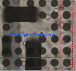 BGA錫球尺寸小于0.4mm，采用降低BGA內(nèi)圍襲球的錫膏量所得到X-Ray，稍微留意一下可以發(fā)現(xiàn)最外圈的錫量(圓的直徑)比其他內(nèi)圍的錫球上的錫量來得多一點點。也就是外圈的黑色圓形直徑比內(nèi)圈的圓形來得大一點點。