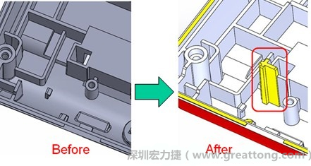 既然知道可能的問題出在電路板變形量過大,于是在電路板上黏貼應(yīng)力計(jì)(Stress Gauge)然后先量測未改善前的應(yīng)力數(shù)據(jù)。改善方法是在BGA的附近新增機(jī)溝肋柱(rib)來頂住電路板以降低電路板在落下時(shí)的變形量。
