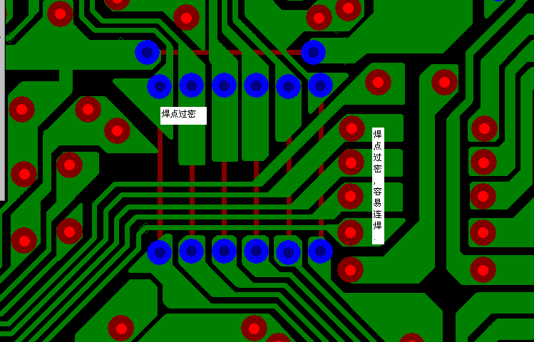 PCB設(shè)計(jì)焊點(diǎn)過(guò)密，易造成波峰連焊，焊點(diǎn)間漏電