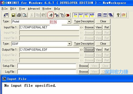 輸出文件類型(Type)選 EDIF。Output File 1 指定輸出文件的文件名和路徑。然后點擊 Run(跑動的小人)。