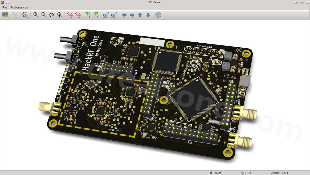 經(jīng)KiCad軟體3D功能渲染過(guò)的HackRF One電路板。