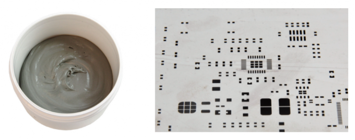 焊膏（左），PCB模板激光切割孔（右）